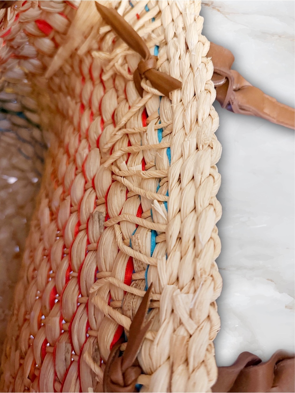 Rainbow Raw Woven Straw Tote Basket with Leather Handles - Picture 7 of 8